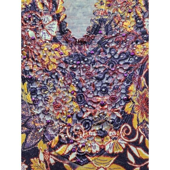 Catherines Womens Tank Top Size 0X Purple Floral Lace Neck Rhinestones Tunic - Picture 3 of 7